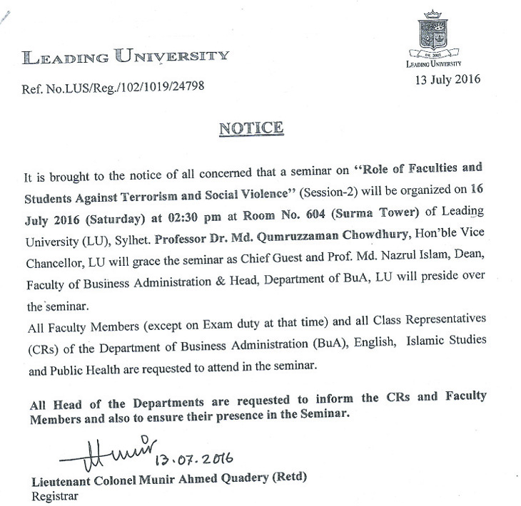 Notice Role of Faculties 13.07.2016