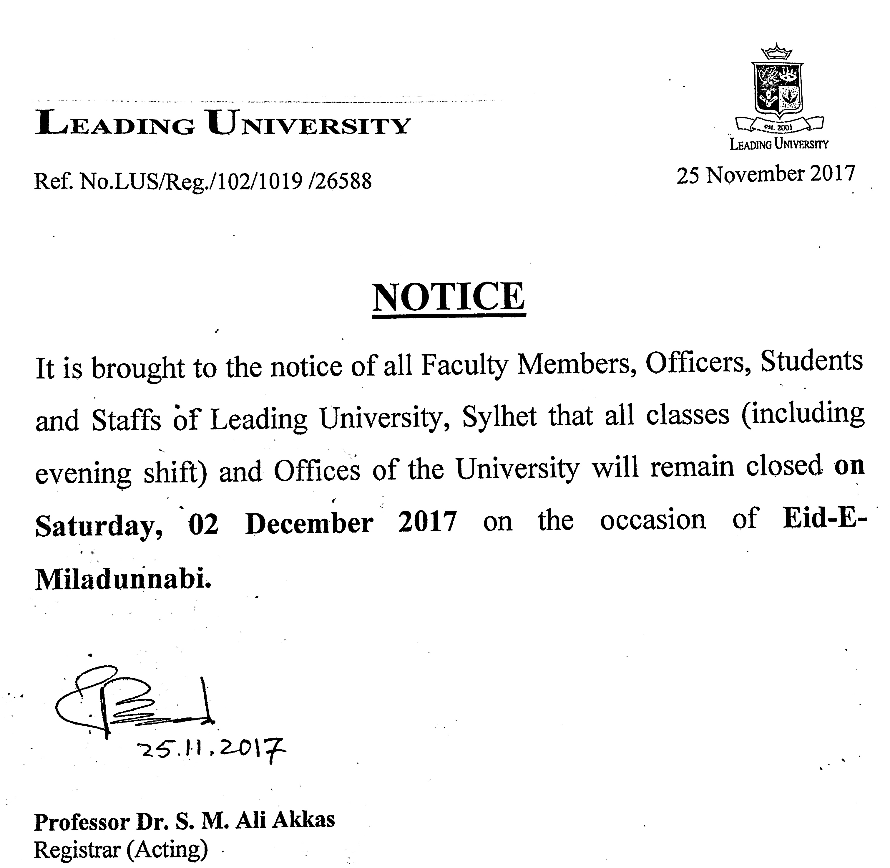 LU Will Remain Closed On 02 December 2017 On The Occasion Of Eid E 