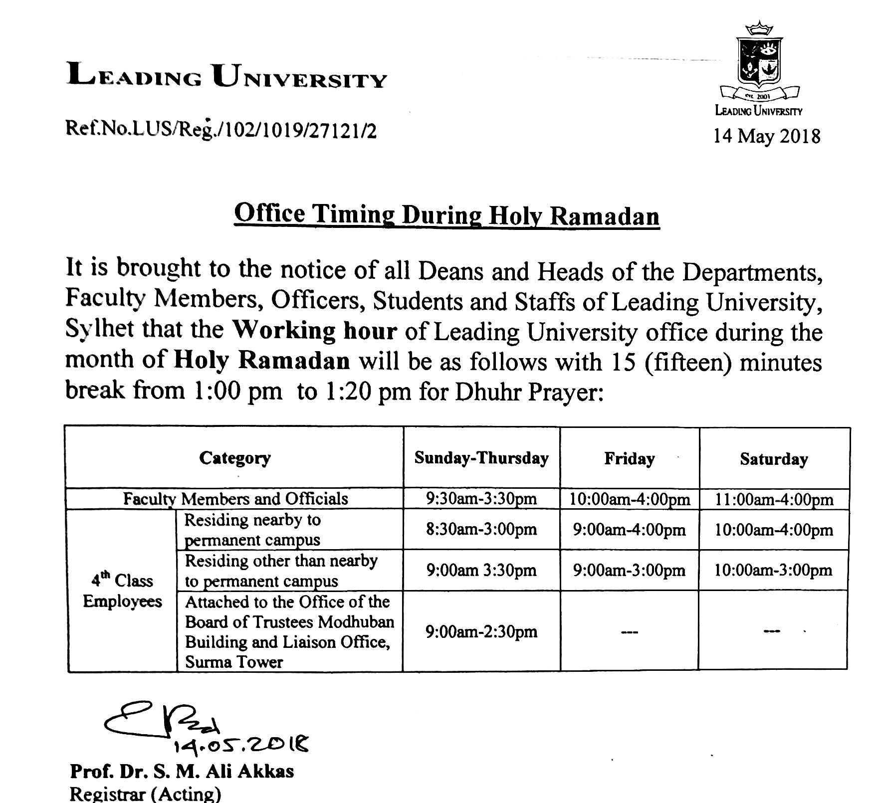 Regarding Office And Class Timing During Holy Ramadan Leading University