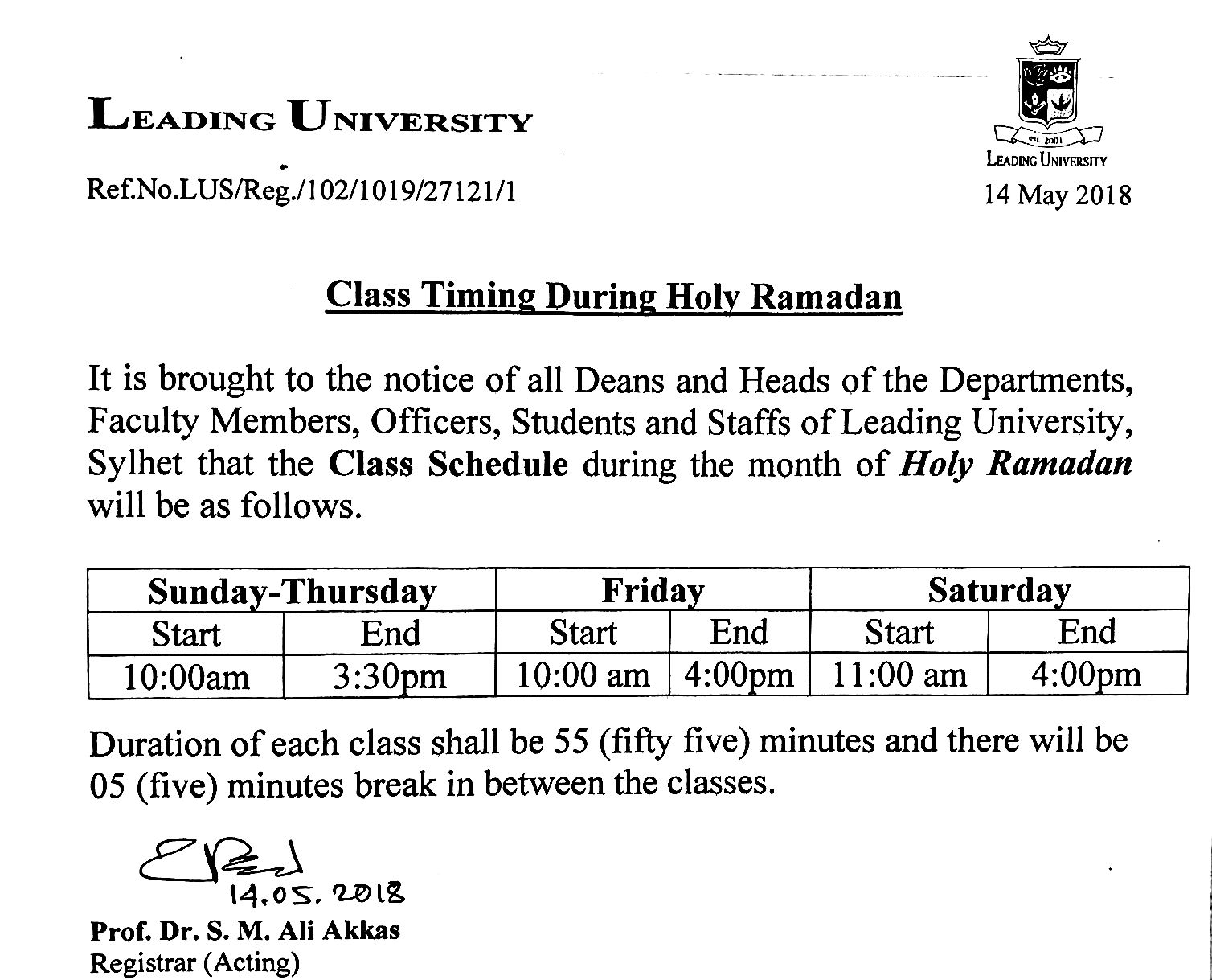 Regarding Office And Class Timing During Holy Ramadan Leading University