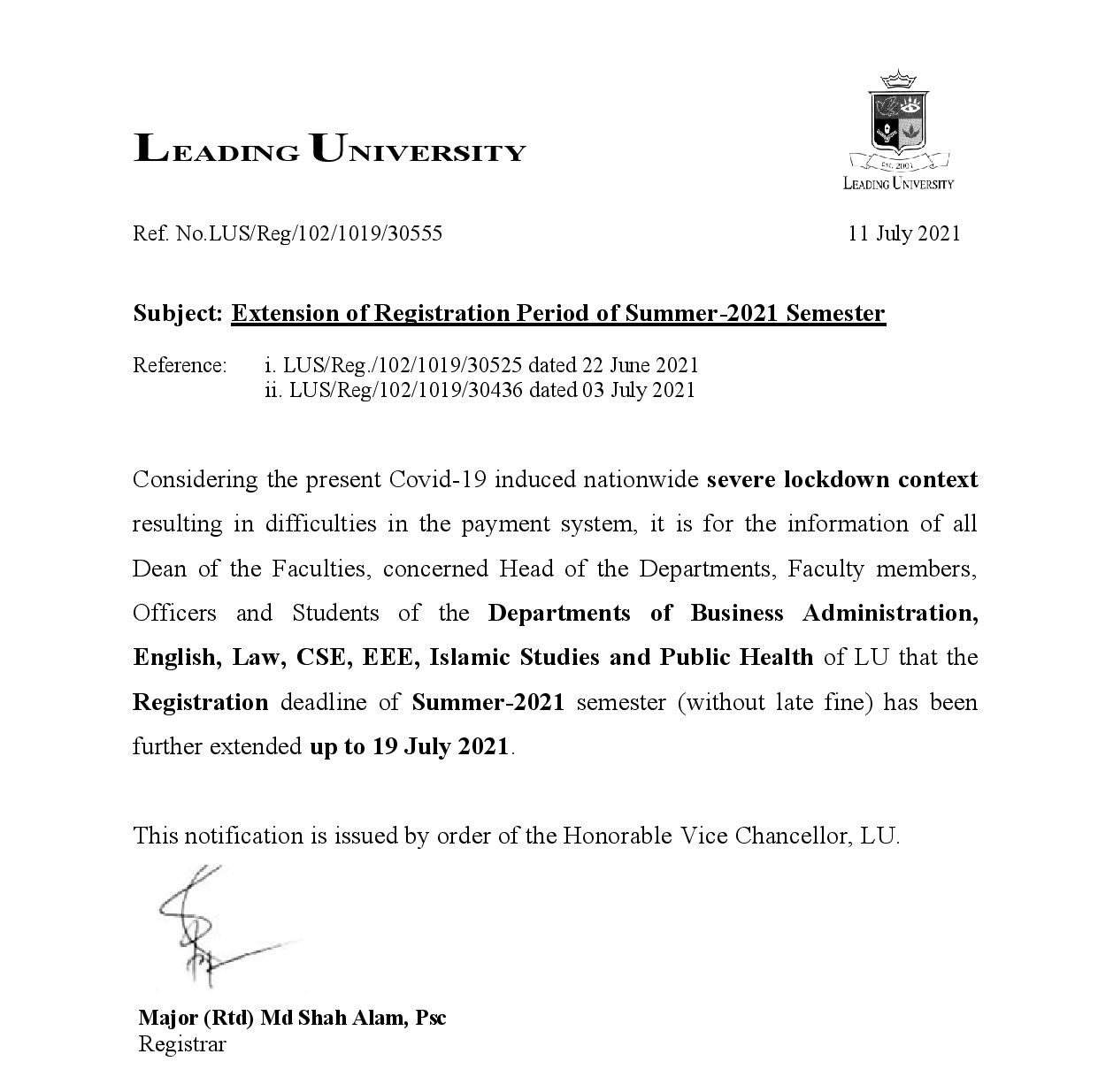 Regarding The Extension Of Registration Period Of Summer 2021 Semester
