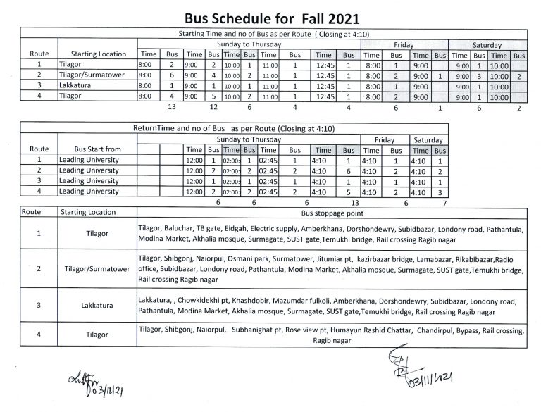 Bus Schedule for Fall-2021 – Leading University
