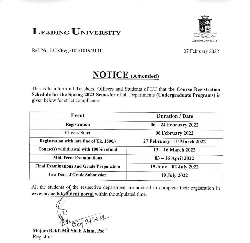 Regarding Course Registration Spring2022 Leading University
