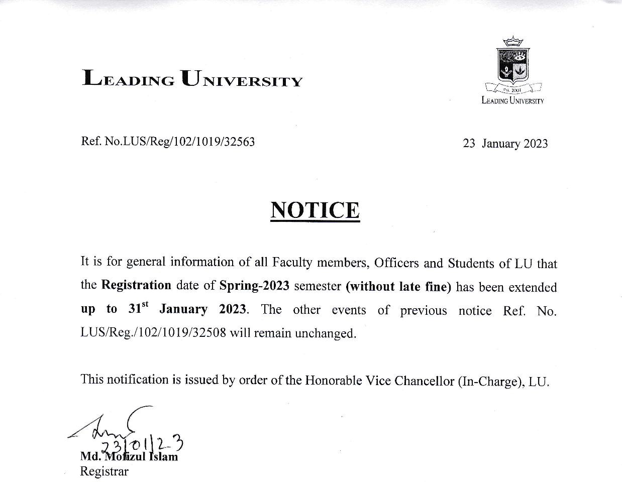 Notice Regarding Course Registration Date Extension (Spring-2023